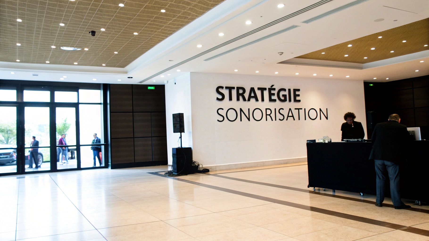 Un hall moderne avec un comptoir d'accueil, des personnes et un mur affichant 'STRATÉGIE SONORISATION'.