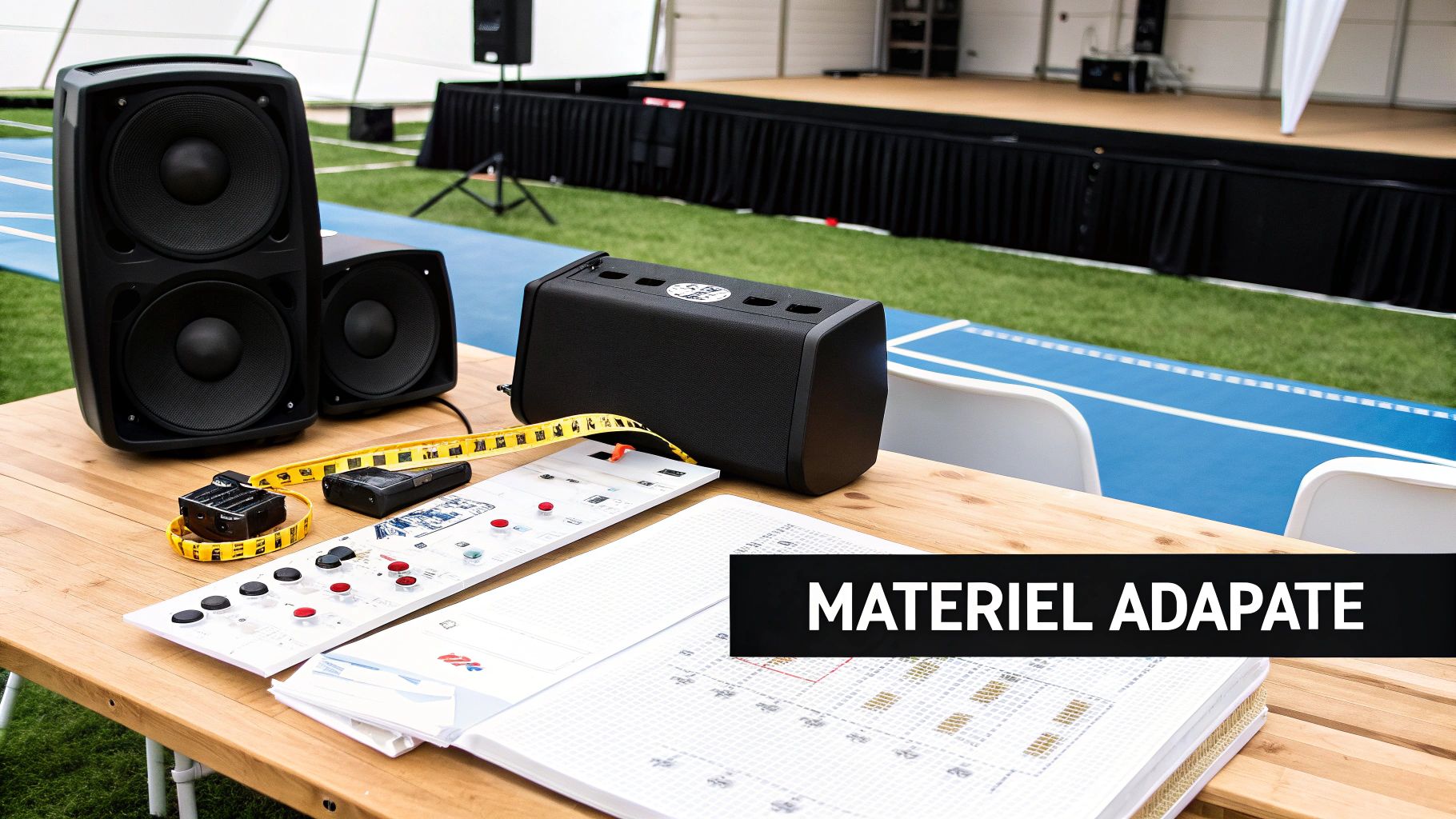 Matériel de sonorisation professionnel avec enceintes et console de mixage sur table en bois, près d'une piste de course.