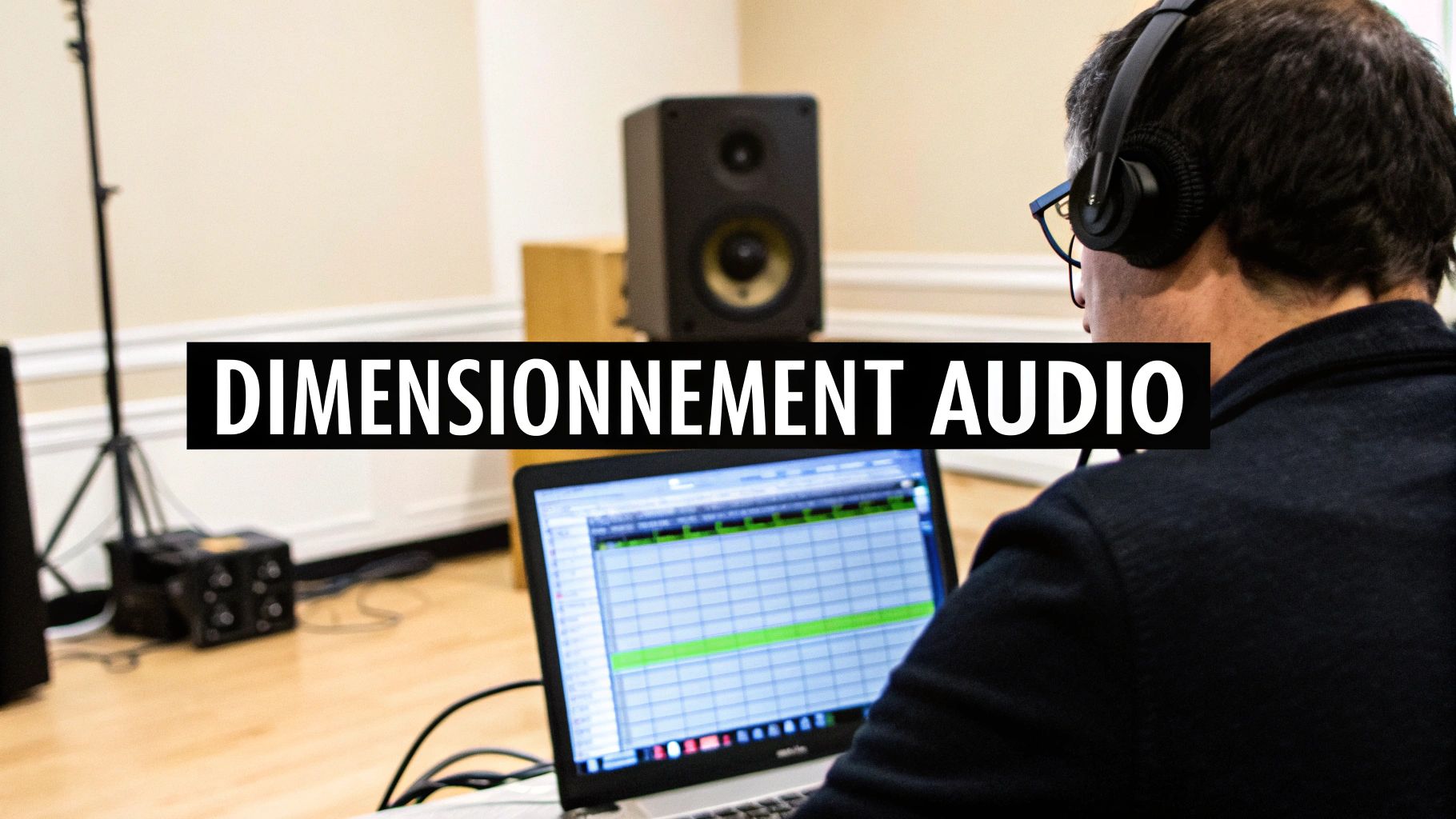 Un homme avec des écouteurs travaille sur un ordinateur portable affichant un logiciel audio, entouré de matériel de sonorisation. Le texte "DIMENSIONNEMENT AUDIO" est affiché.