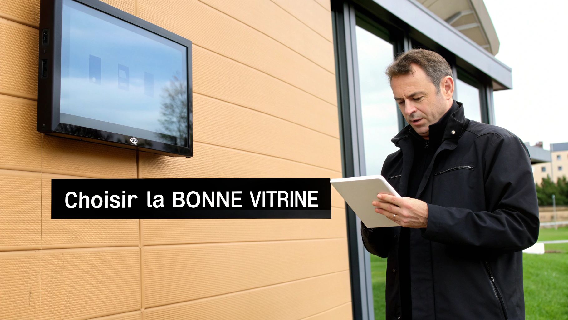 Un homme devant un écran mural, consultant une tablette, avec le texte promotionnel "Choisir la BONNE VITRINE".