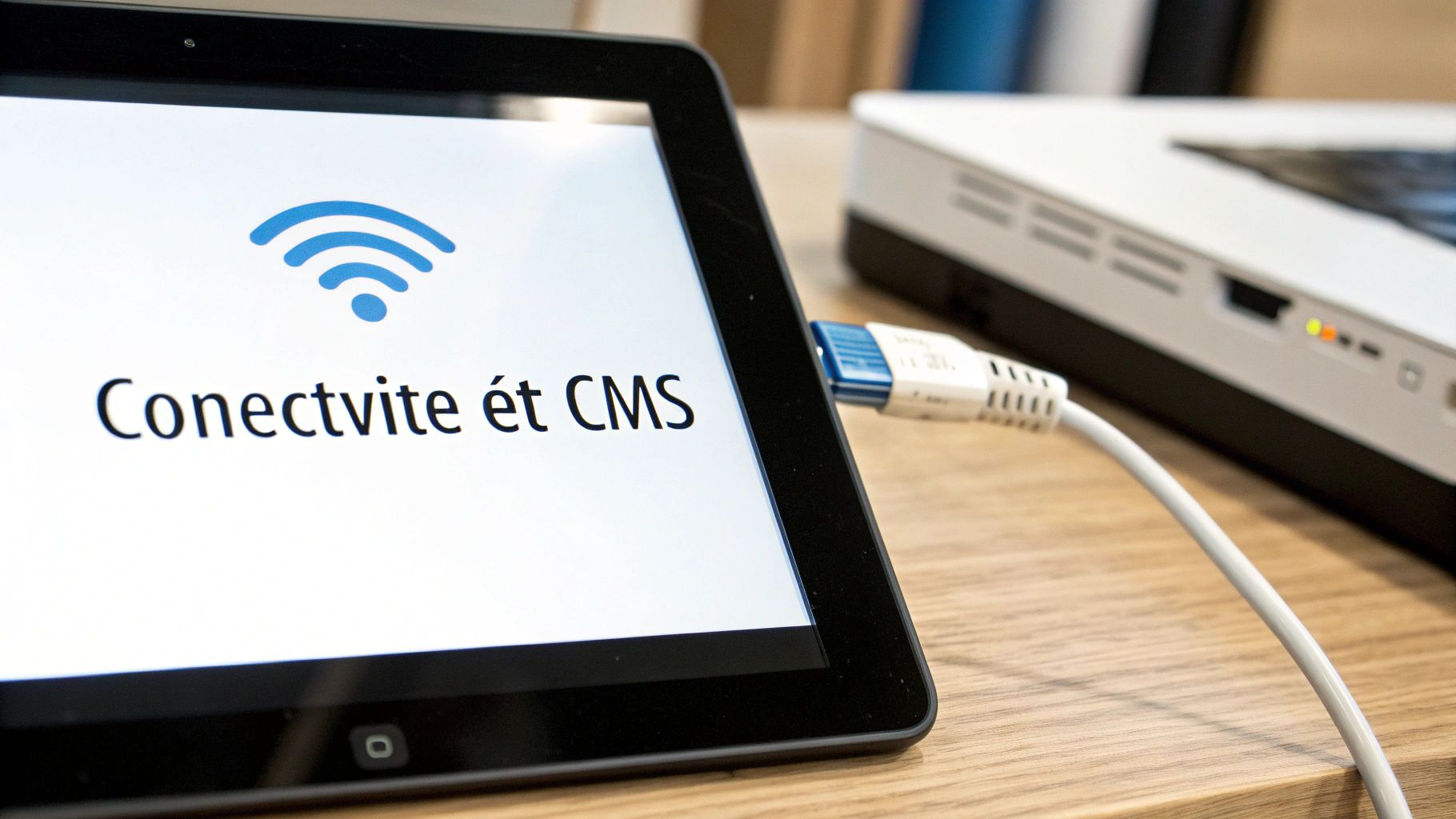 Une tablette avec un symbole Wi-Fi et le texte "Conectivite et CMS" est connectée par câble Ethernet à un routeur.