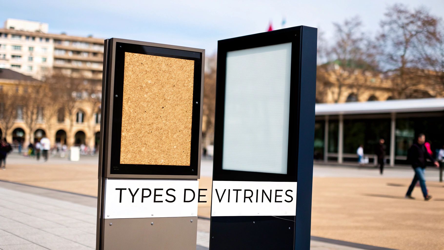 Deux vitrines d'affichage extérieures, l'une en liège, l'autre lumineuse, avec 'TYPES DE VITRINES' et un fond urbain flou.