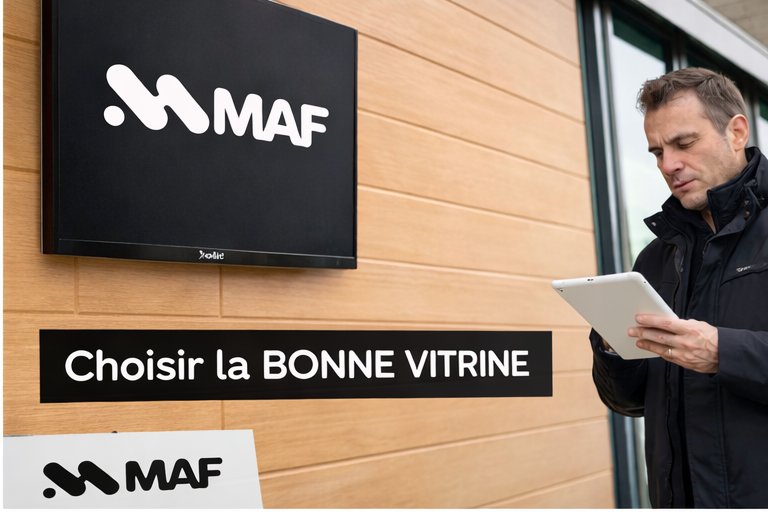 Un homme examine sa tablette devant un écran MAF et un panneau "Choisir la BONNE VITRINE".