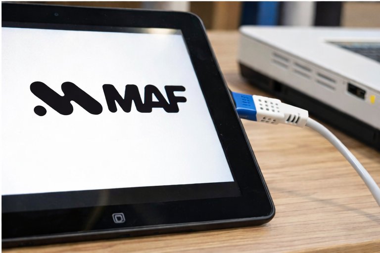 Une tablette affiche le logo MAF, connectée par câble à un routeur sur une table en bois.