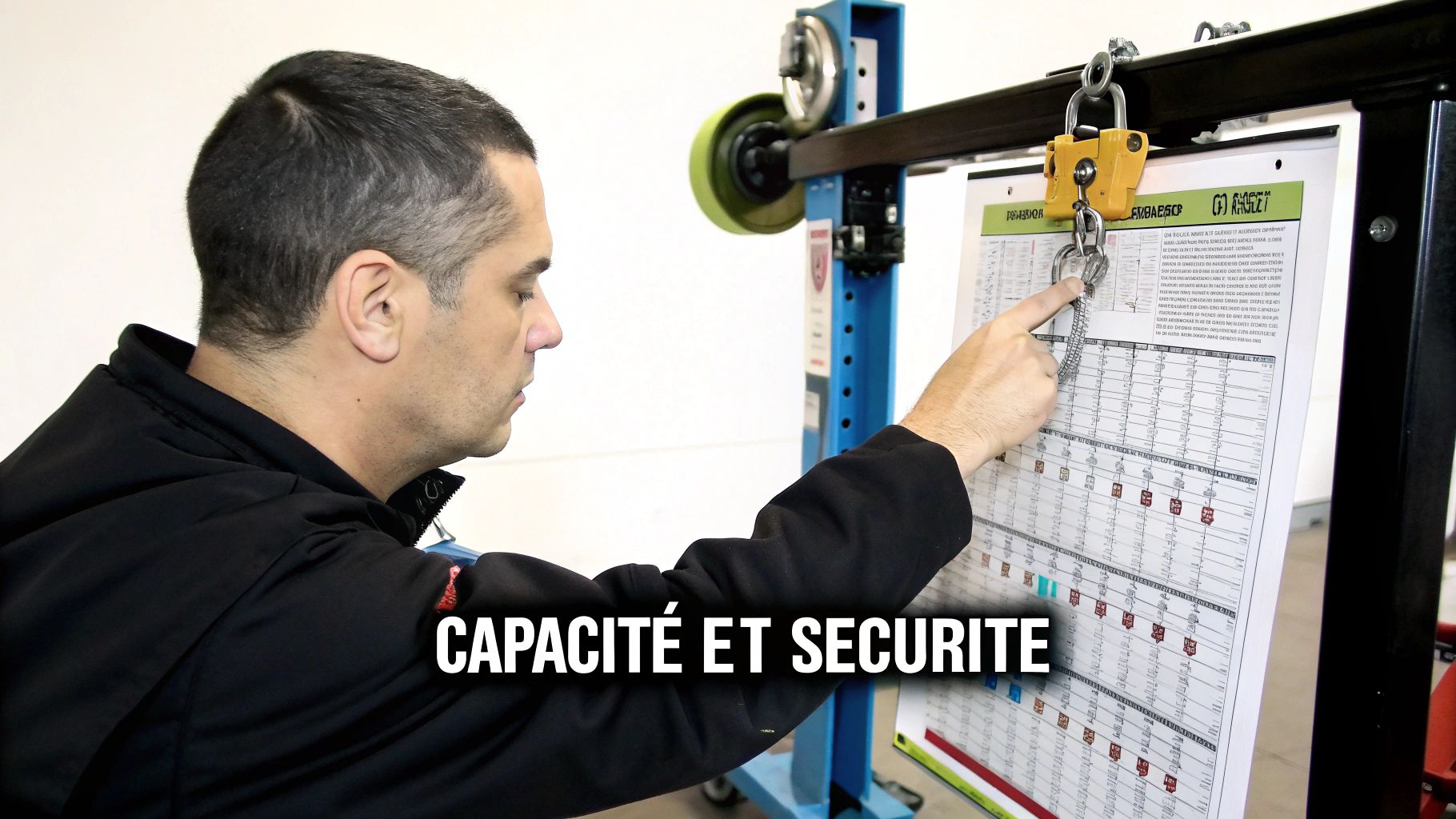 Un homme en veste noire pointe un tableau de capacité et de sécurité pour l'équipement de levage.