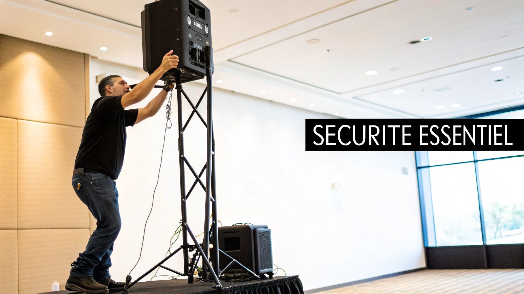 Un technicien installe un grand haut-parleur noir sur un pied de levage dans une salle de conférence.