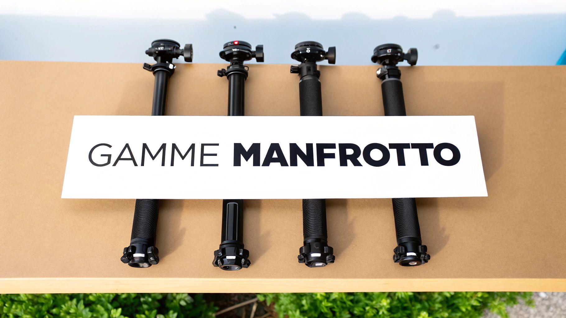 Quatre perches ou monopodes noirs Manfrotto, alignés sur une surface en bois, avec une bannière "GAMME MANFROTTO".