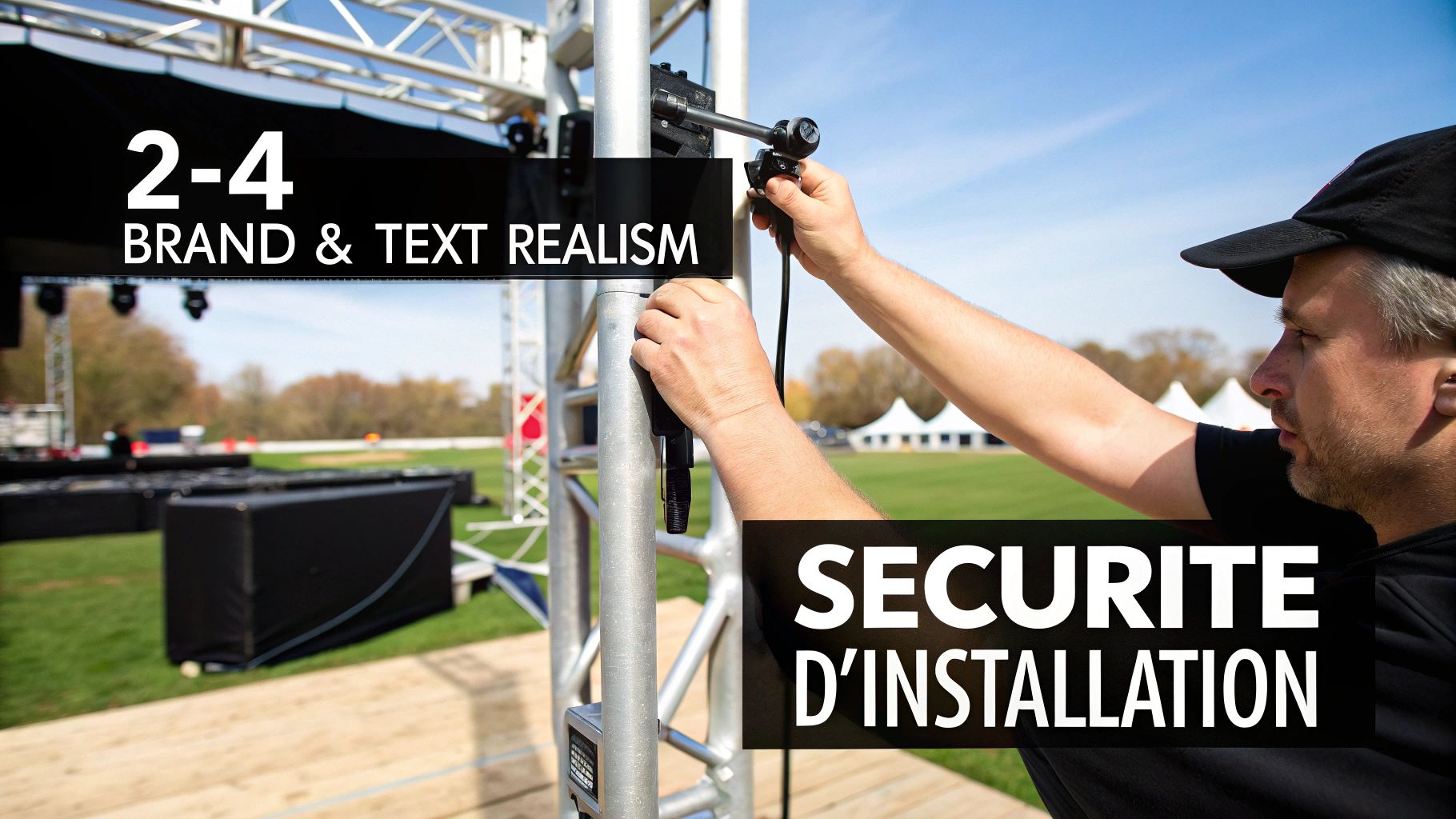 Un homme installe soigneusement un équipement sur une structure de treillis en métal lors d'un événement extérieur, assurant la sécurité de l'installation.