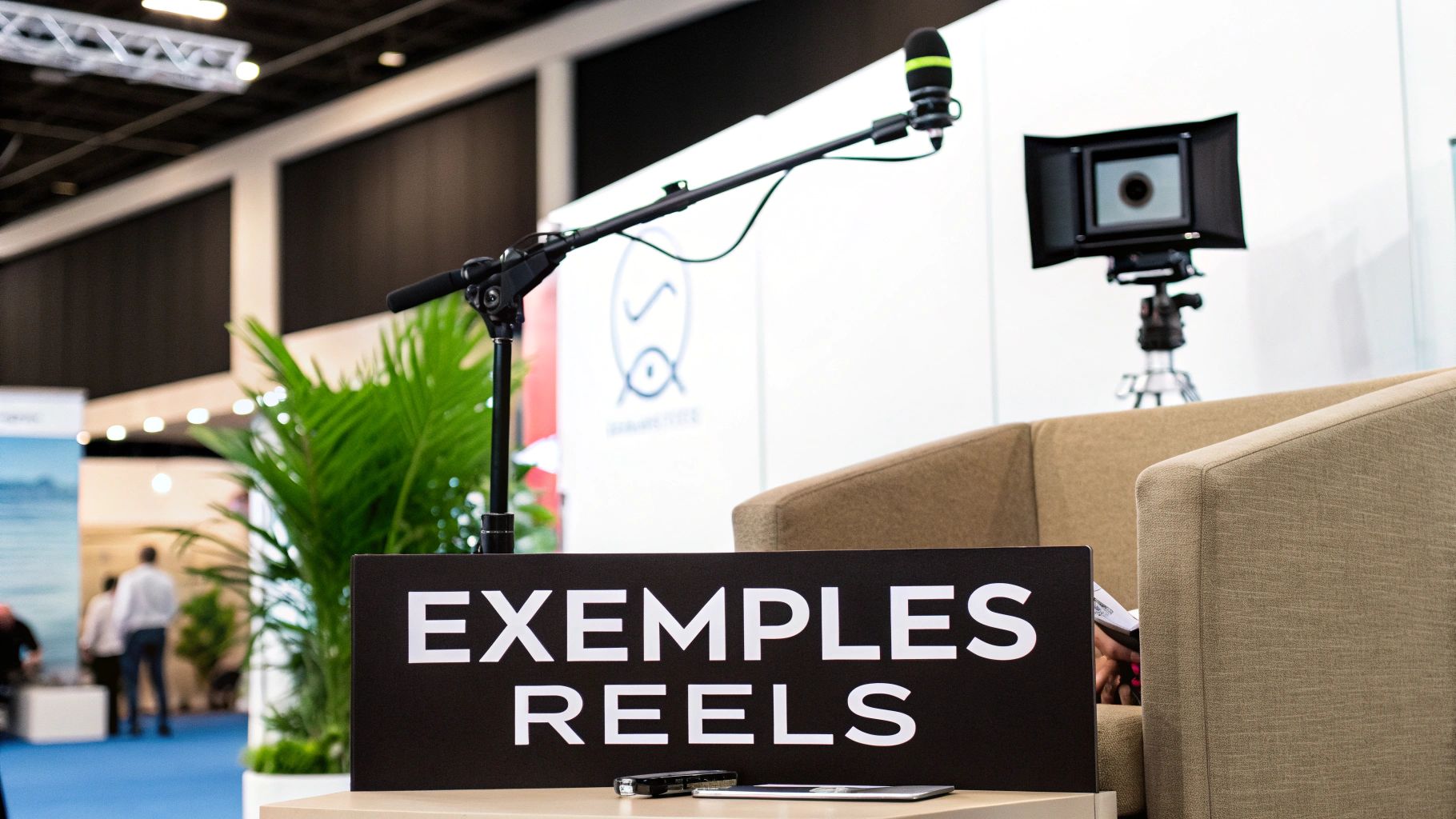 Scène de conférence avec microphone sur perche, caméra, canapé et signalisation 'EXEMPLES REELS'.