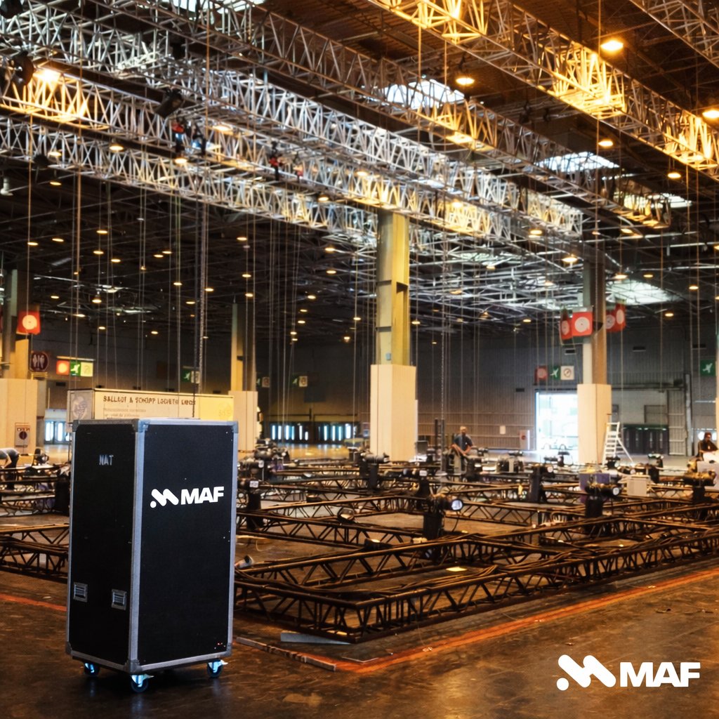 Grande salle d'événement en préparation avec des structures de treillis métalliques, des lumières et du personnel au travail.