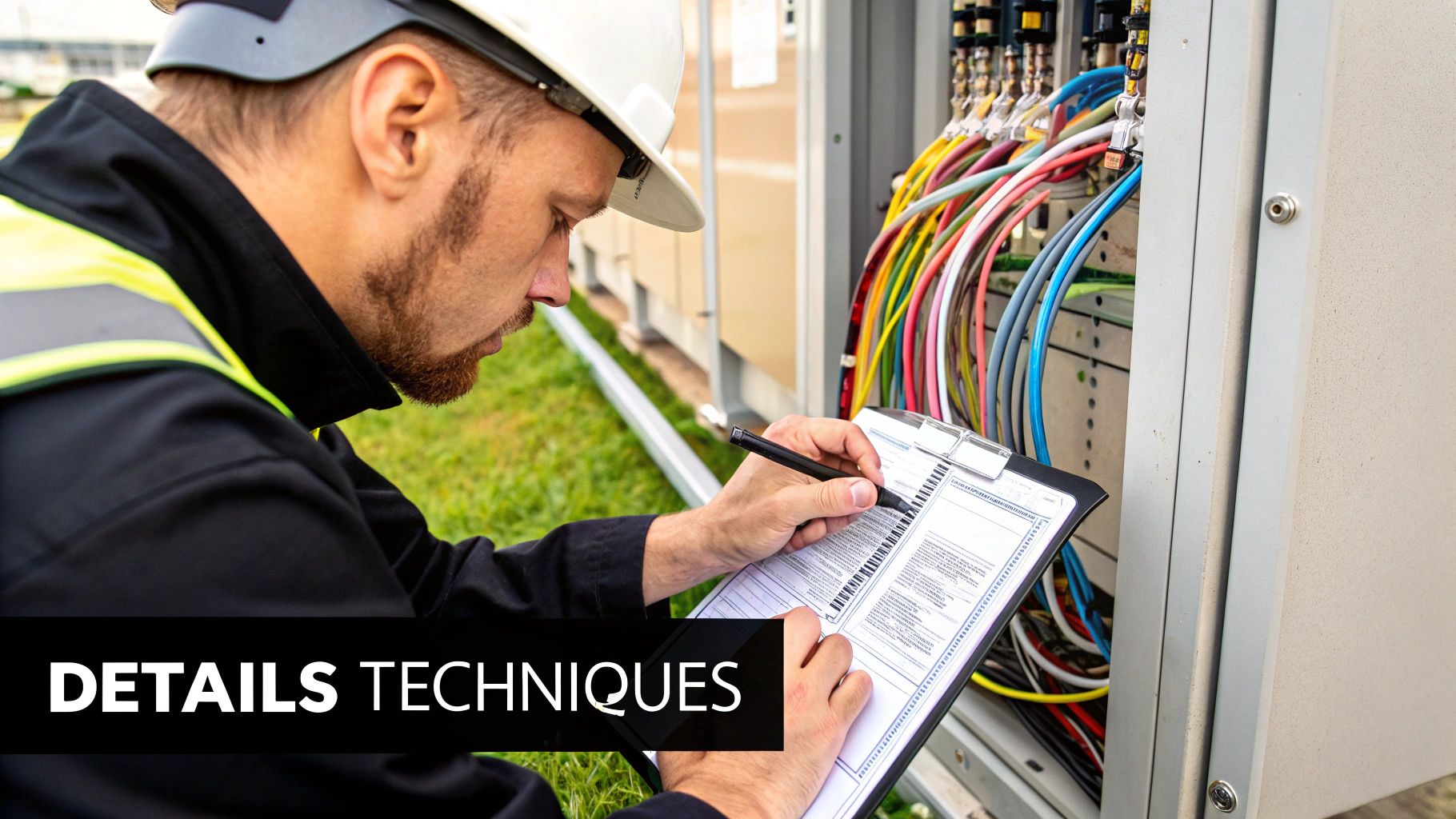 Un technicien qualifié inspecte un boîtier électrique, prenant des notes détaillées sur un presse-papiers.