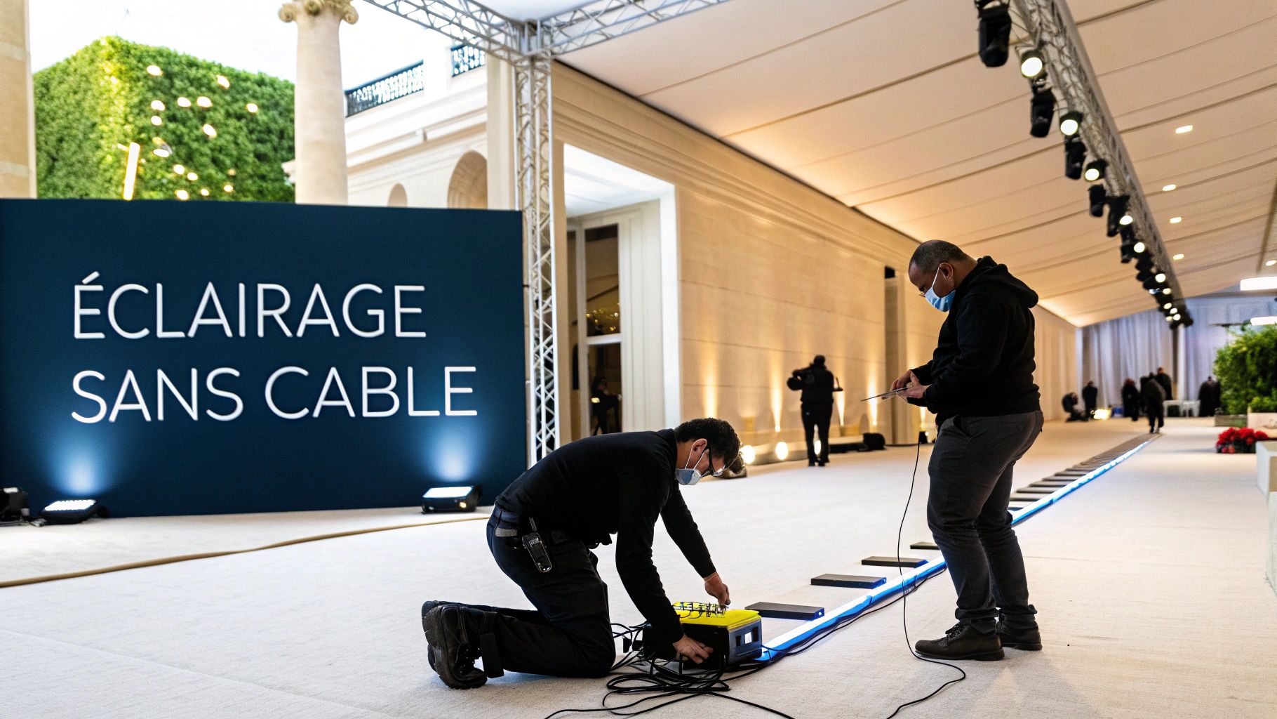 Deux techniciens masqués installent un système d'éclairage sans câble pour un événement.