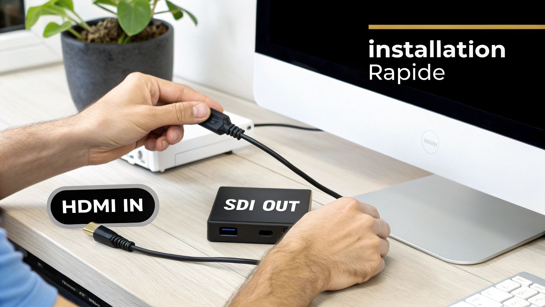 Une personne connecte un câble HDMI IN à un boîtier convertisseur SDI OUT, branché à un ordinateur, pour une installation rapide.