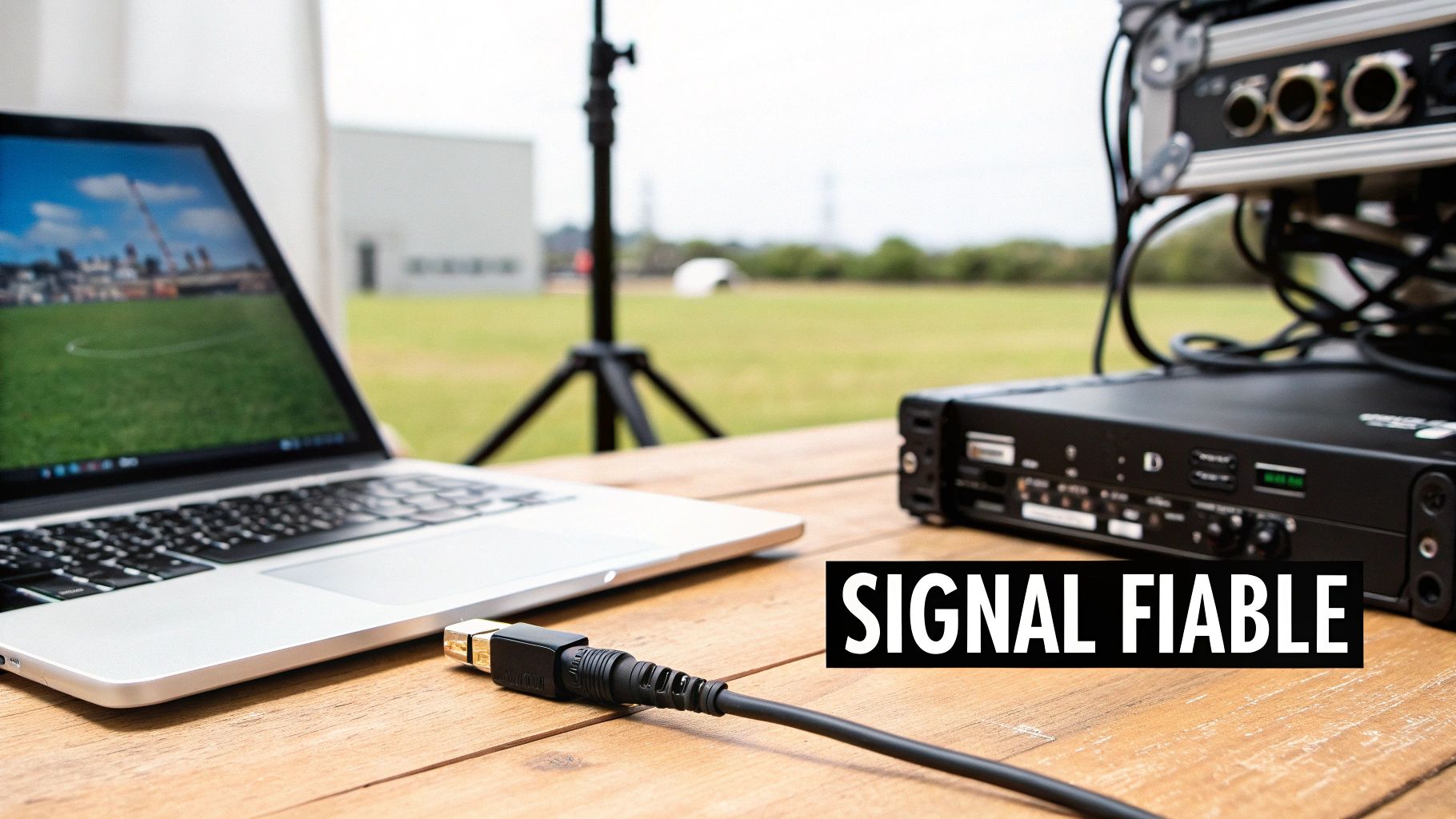 Un ordinateur portable et un équipement audiovisuel connectés par un câble sur une table en bois, en extérieur.