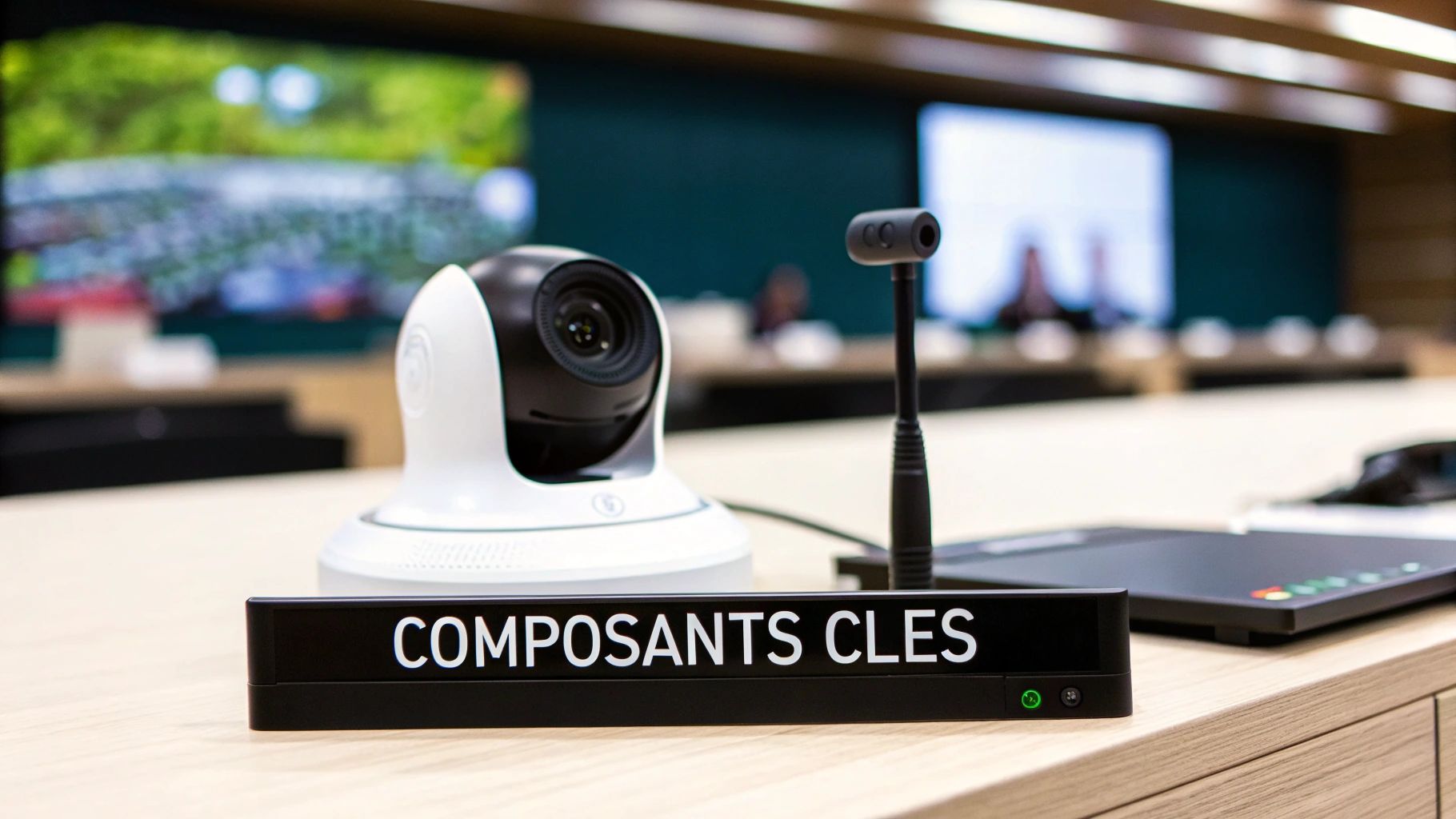 Salle de conférence moderne équipée d'une caméra PTZ, d'un microphone et d'un panneau "COMPOSANTS CLES" sur une table en bois.