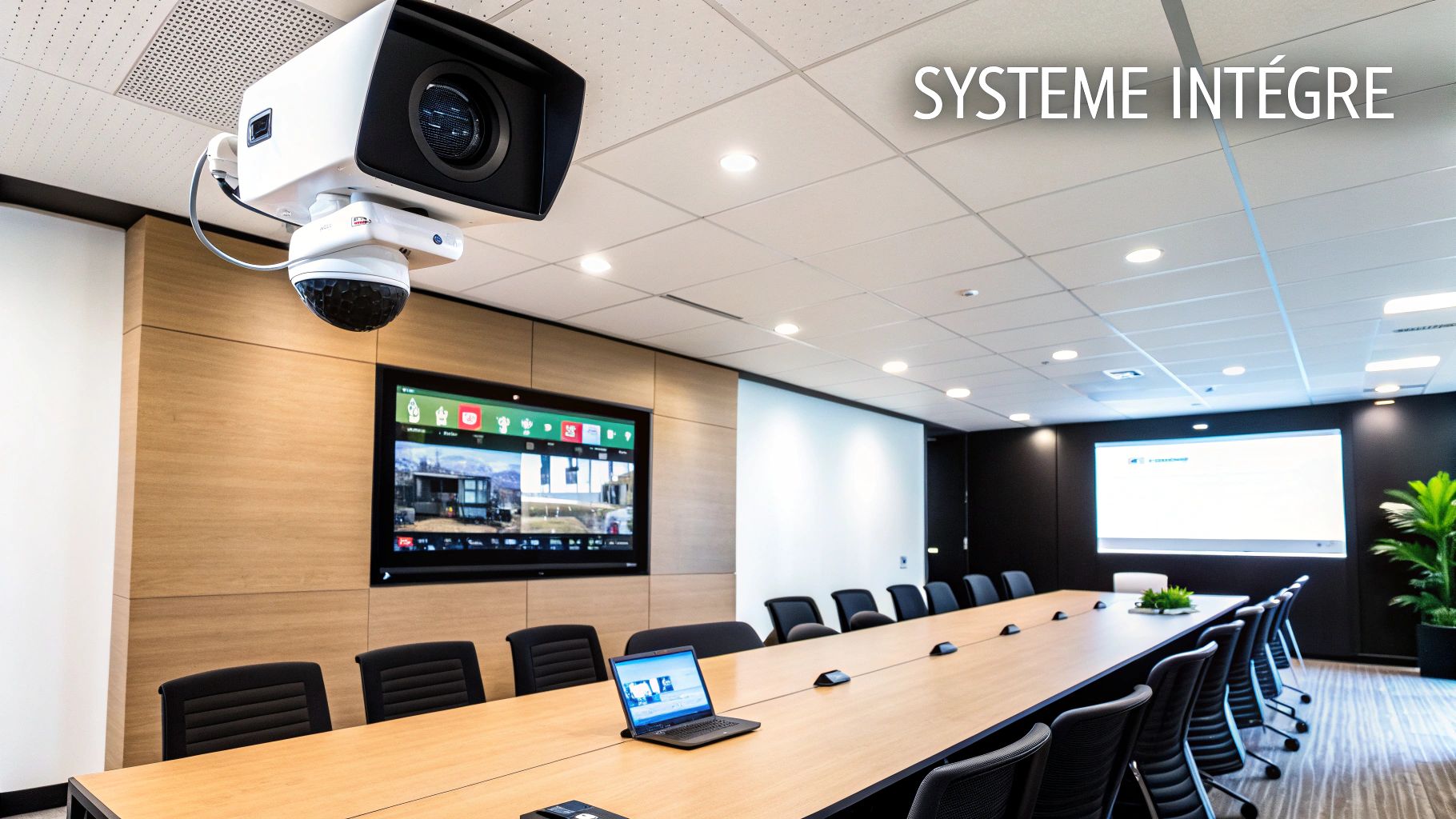 Salle de conférence moderne équipée d'un grand écran, d'une table, de chaises, et d'un système de caméra de vidéoconférence intégré au plafond.