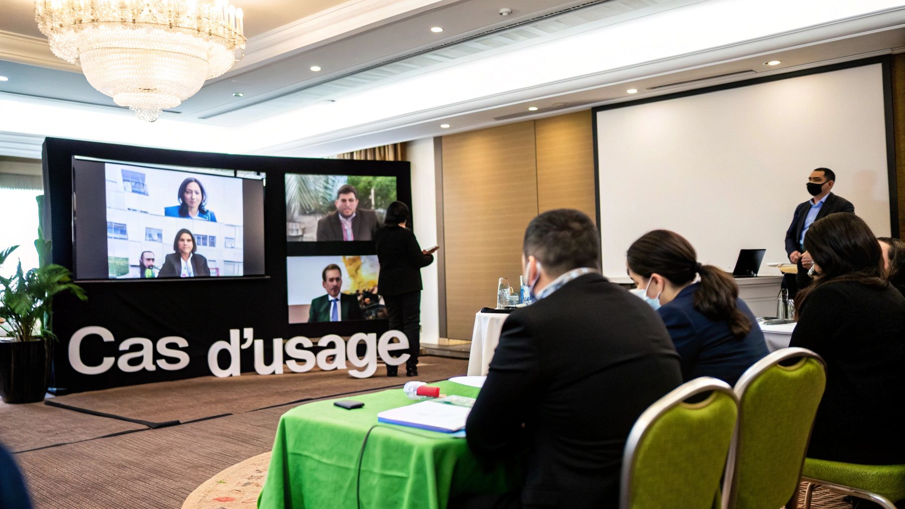 Présentation en salle de conférence avec un grand écran affichant des participants en visioconférence.