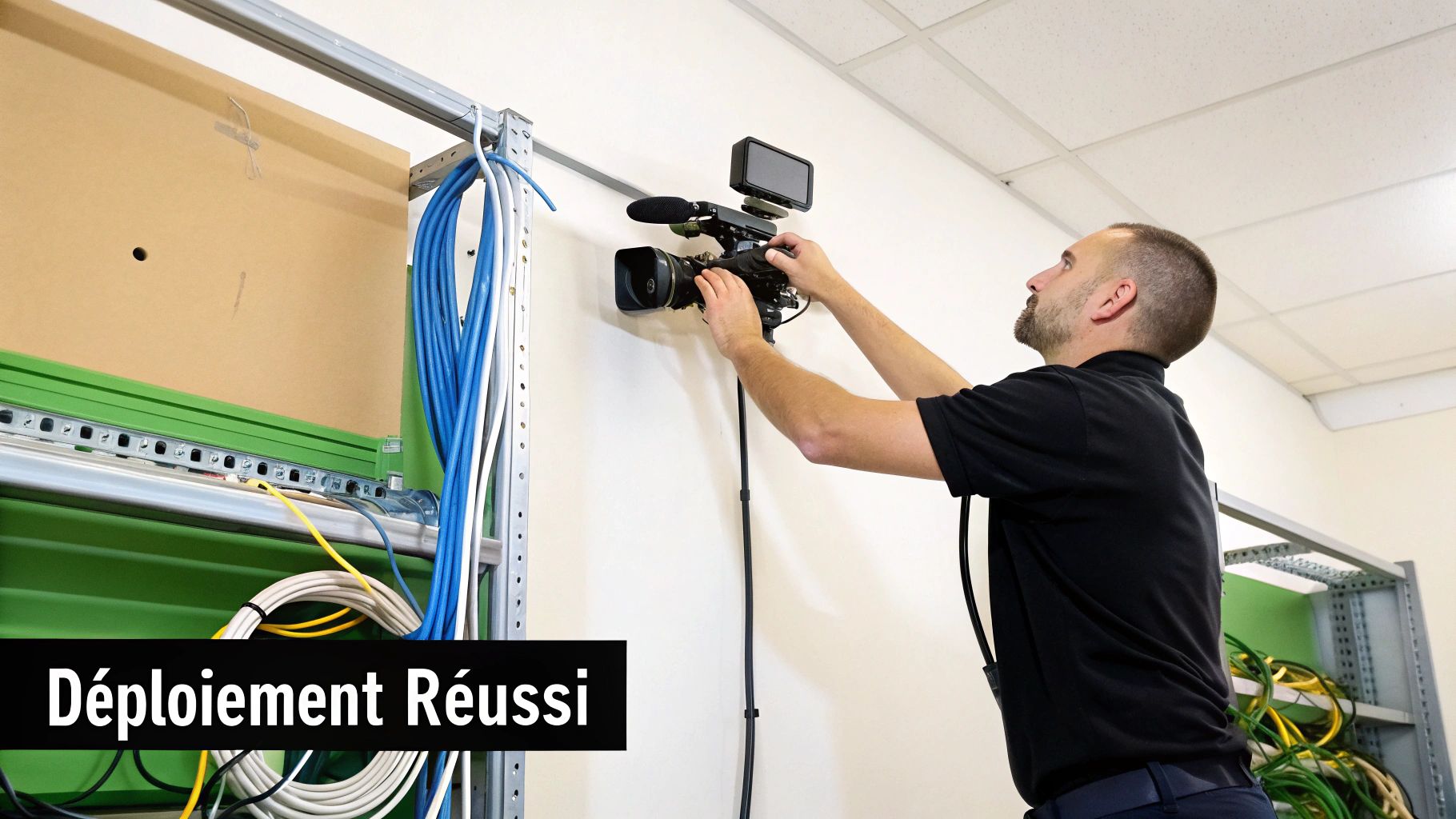 Un technicien ajuste une caméra vidéo murale dans une salle technique avec des câbles réseau organisés.