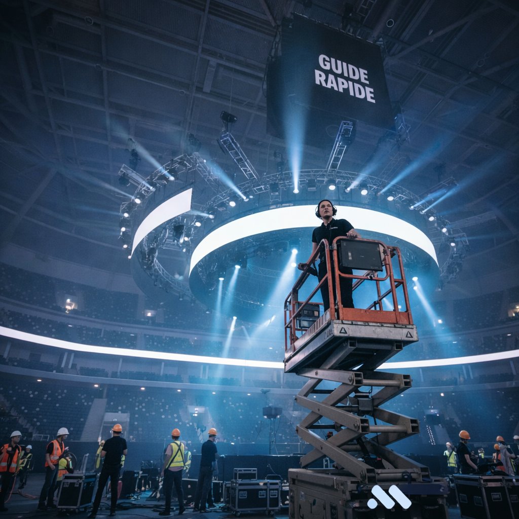 Une personne sur une nacelle prépare un grand événement dans une salle de spectacle avec des lumières et un écran géant.