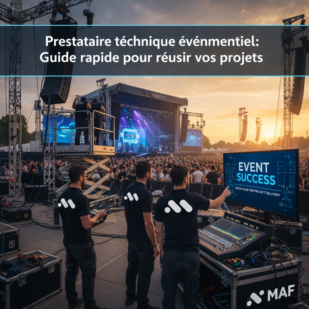 Des professionnels installent le son et la vidéo pour un grand événement musical en plein air, avec foule.