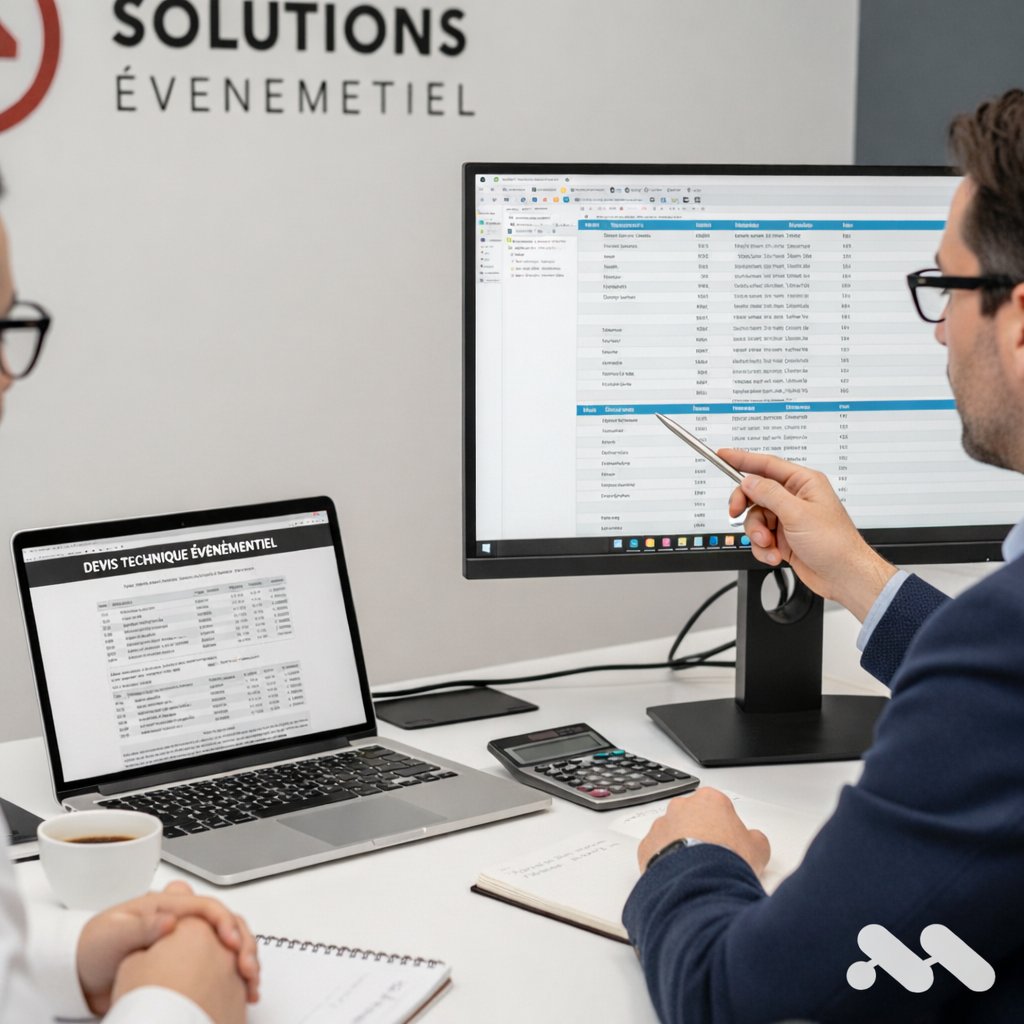 Deux collègues examinent un devis technique événementiel sur un ordinateur et un écran externe, discutant du projet.