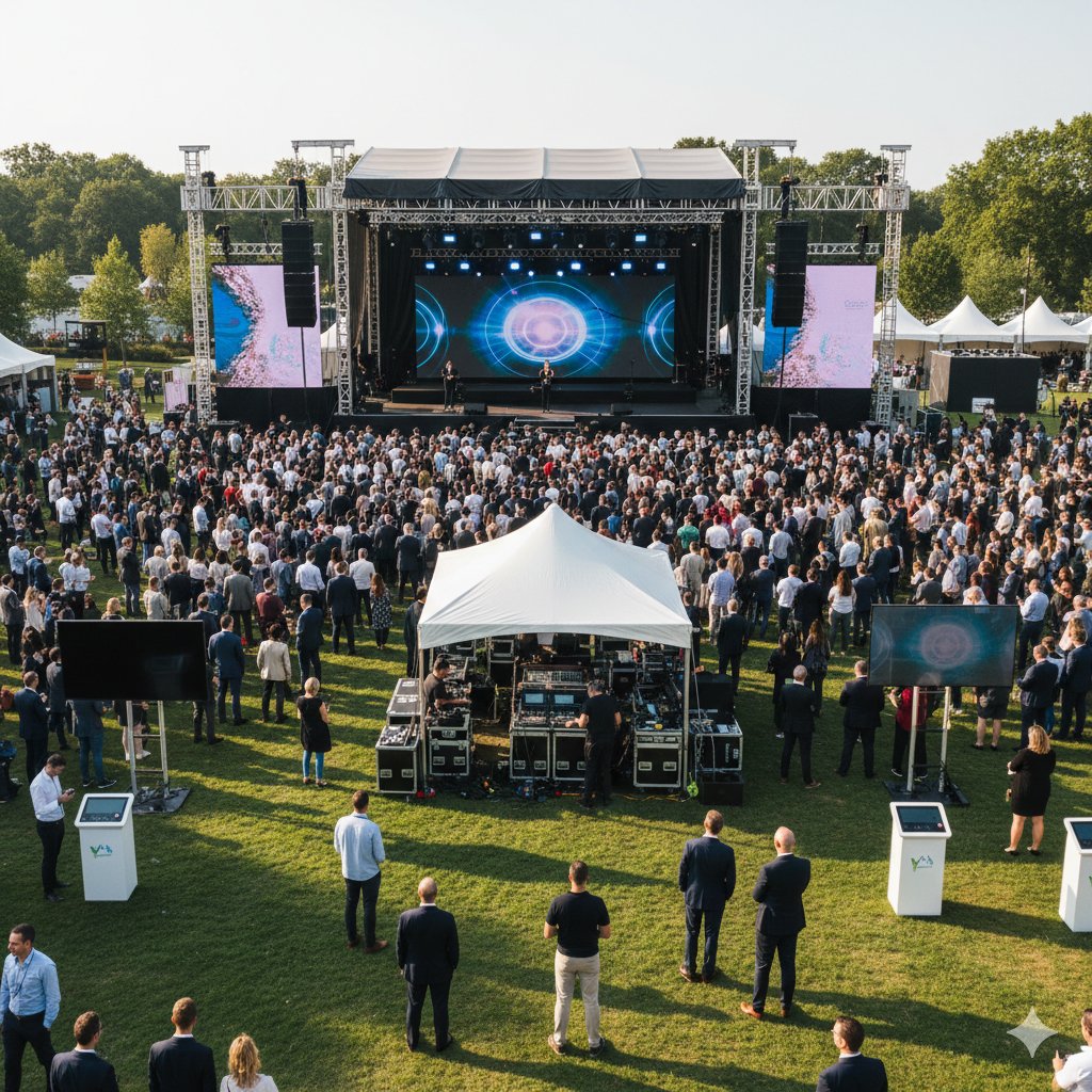 Grand événement extérieur avec une scène, des écrans géants, une tente technique et une foule dense sur l'herbe.
