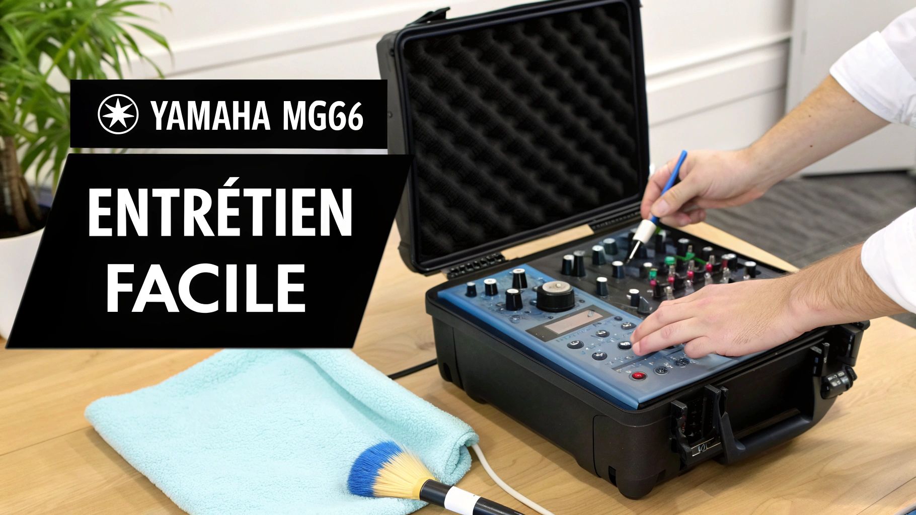 Une personne nettoie une console de mixage Yamaha MG66 dans sa mallette rigide, avec brosse et chiffon.