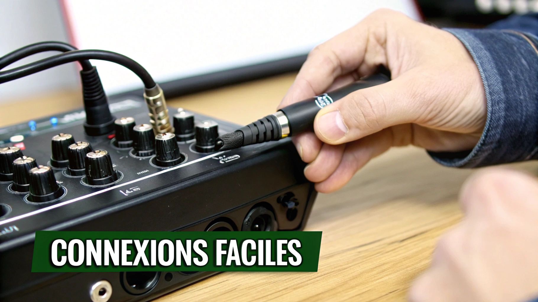 Une main branche un câble sur une table de mixage audio noire, illustrant des connexions faciles.