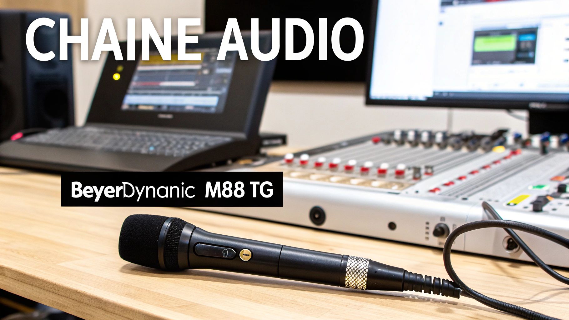 Microphone Beyerdynamic M88 TG posé sur une table en bois, avec un ordinateur portable et une console de mixage en arrière-plan.