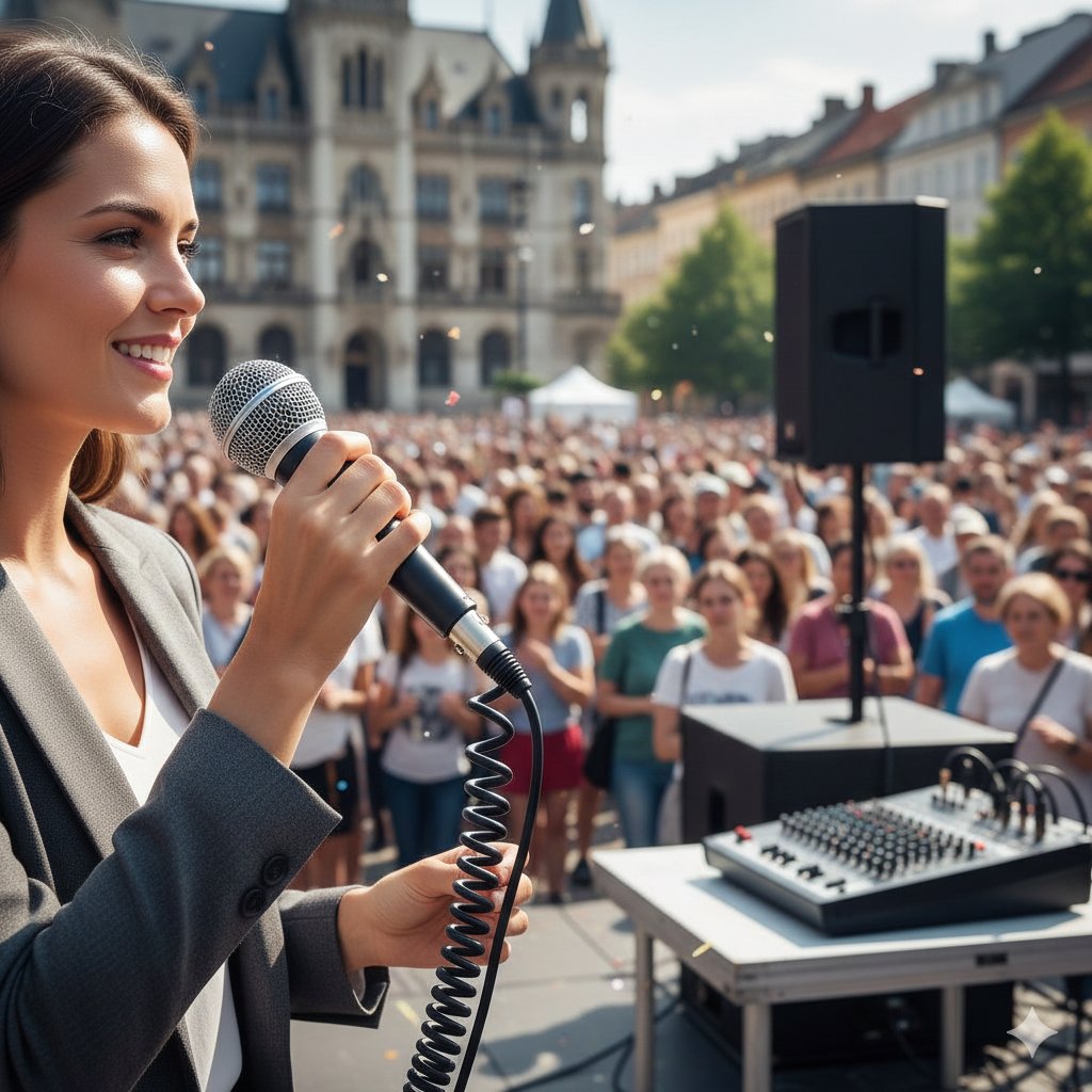 Une femme souriante parle dans un microphone devant une foule nombreuse lors d'un événement en plein air.