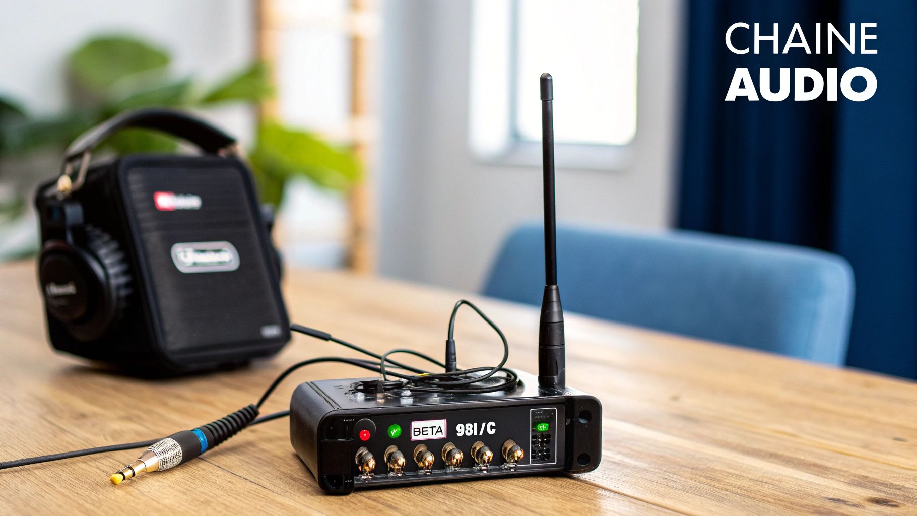 Équipement audio professionnel Shure Beta 98I/C avec casque et récepteur sur une table en bois.