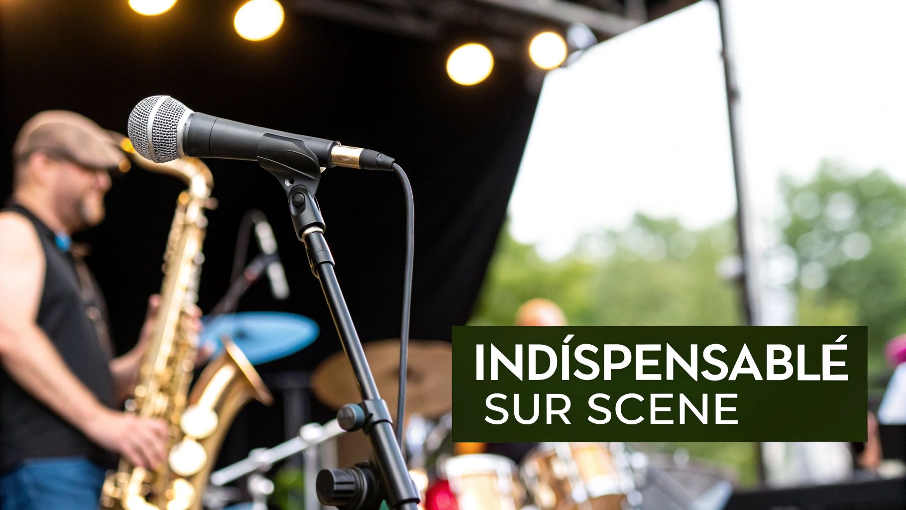 Un microphone sur pied devant un saxophoniste jouant sur scène, avec des lumières de spectacle en arrière-plan.