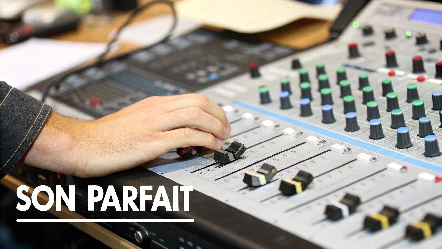 Vue rapprochée d'une main réglant les commandes d'une console de mixage pour un son parfait.