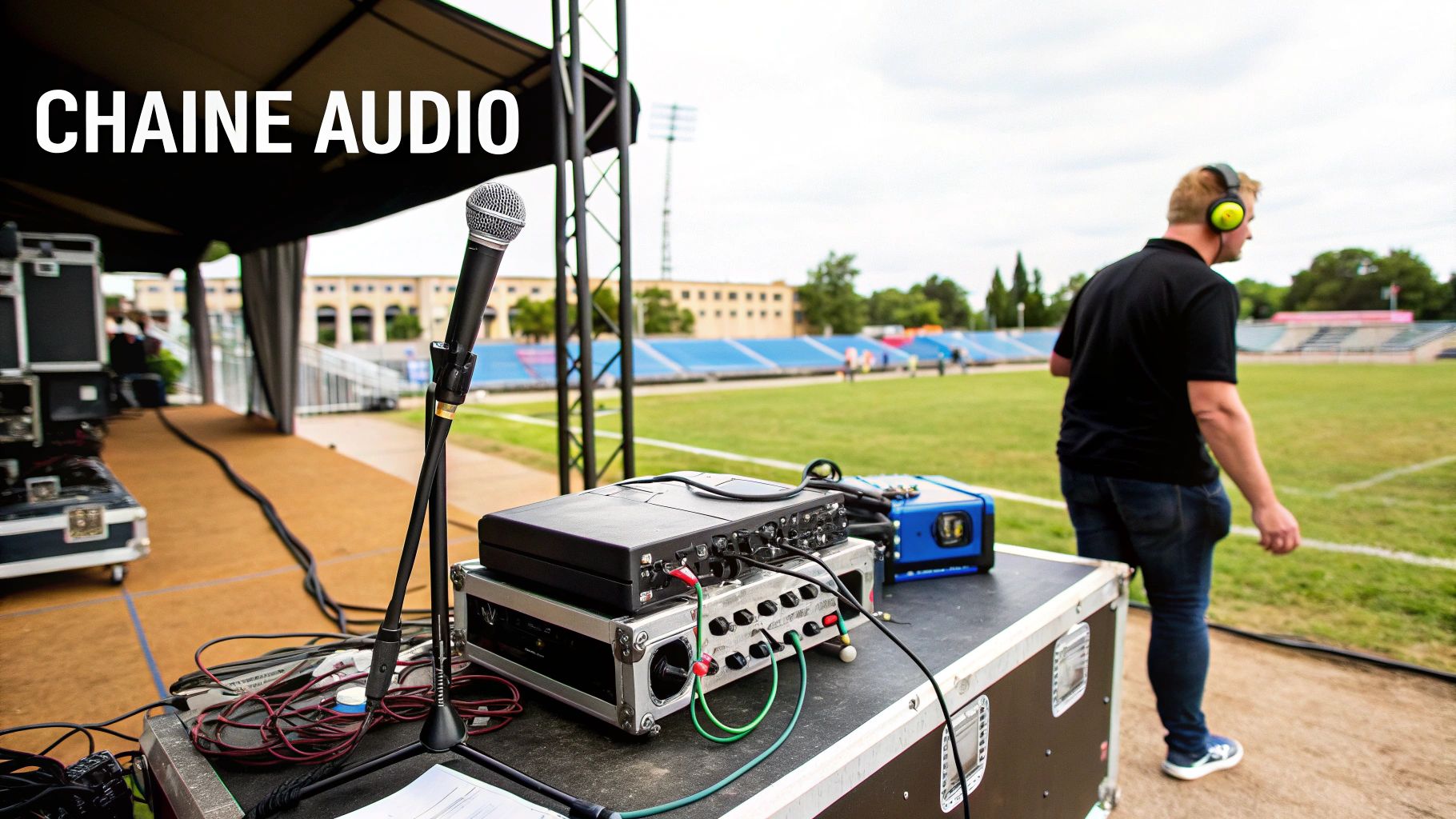 Installation audio pour un événement extérieur, avec microphone, équipement de mixage et technicien sur un terrain de sport.