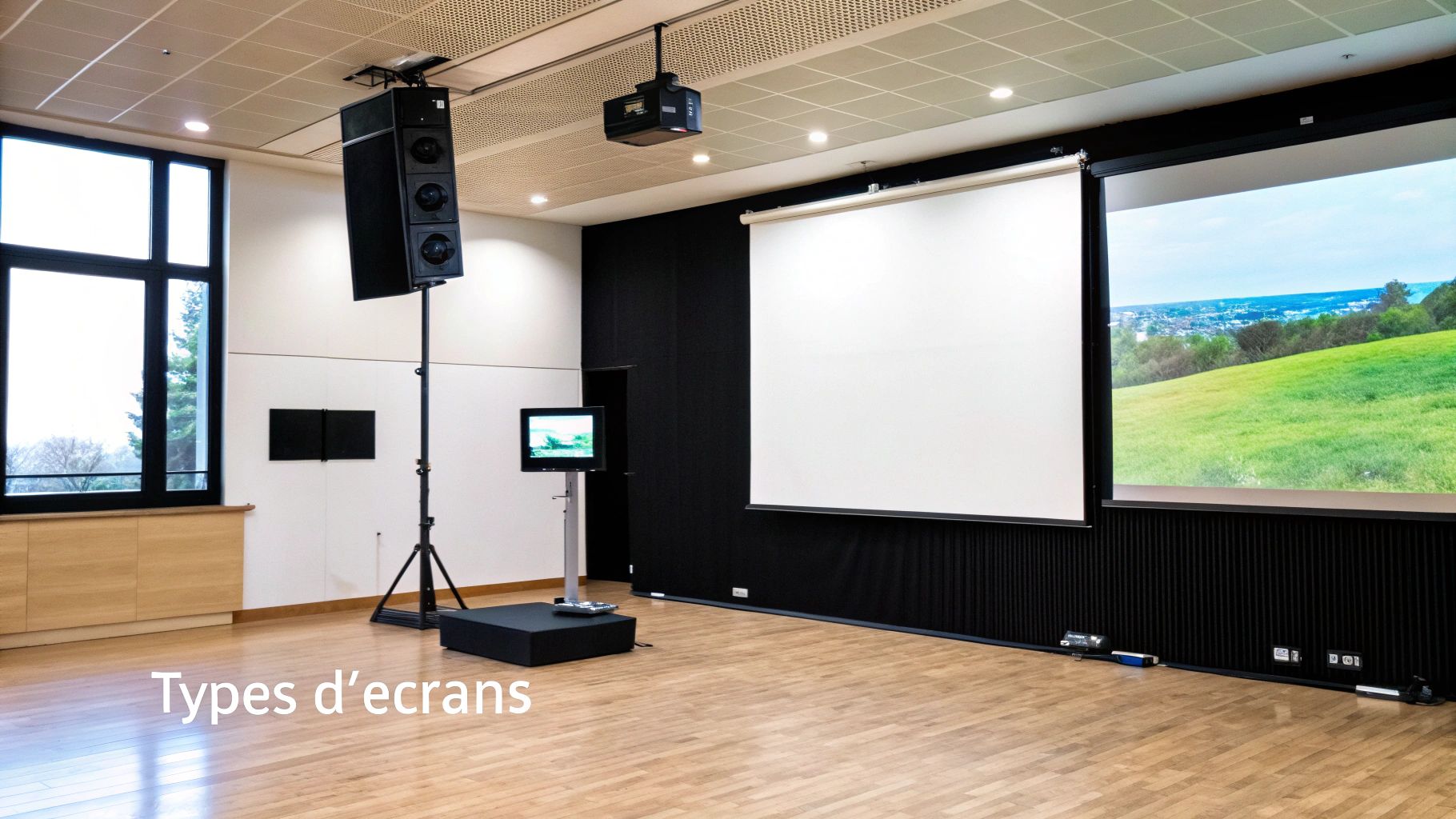 Salle de présentation équipée de divers écrans, dont des projecteurs, des écrans muraux et un moniteur sur pied.