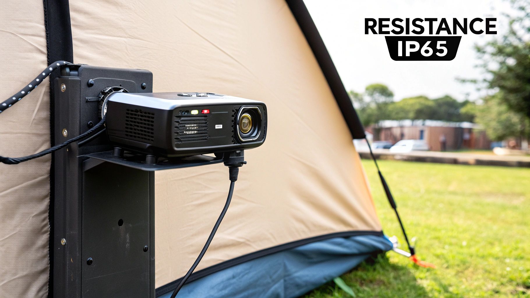 Un vidéoprojecteur extérieur résistant à l'eau est monté sur un support à côté d'une tente de camping.