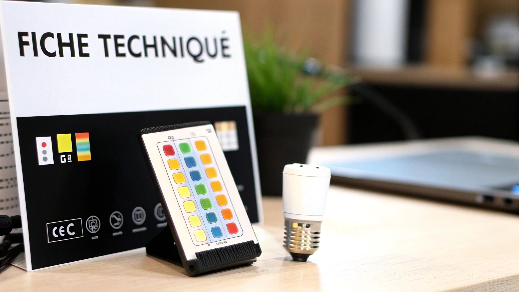 Fiche technique avec une télécommande intelligente affichant des boutons colorés et une ampoule LED connectée sur un bureau en bois.