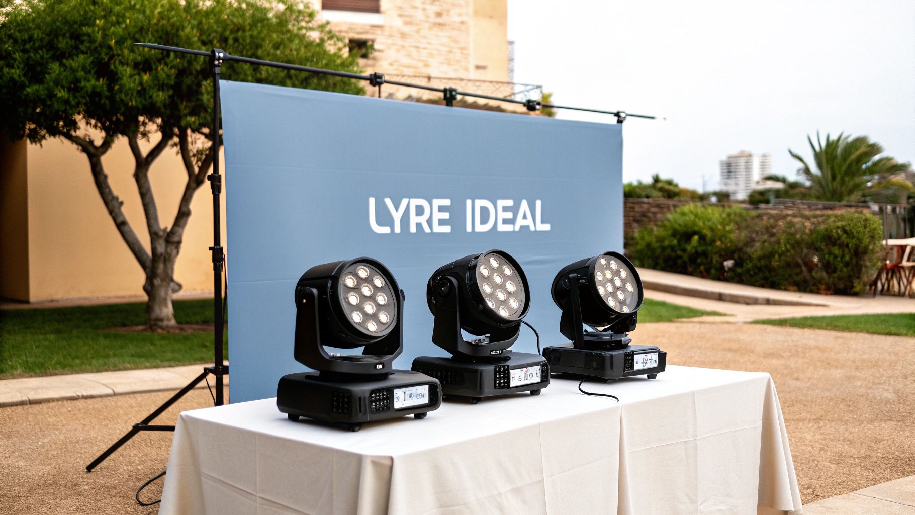 Trois lyres à LED noires lumineuses sur une table, devant une bannière « LYRE IDEAL » en extérieur.