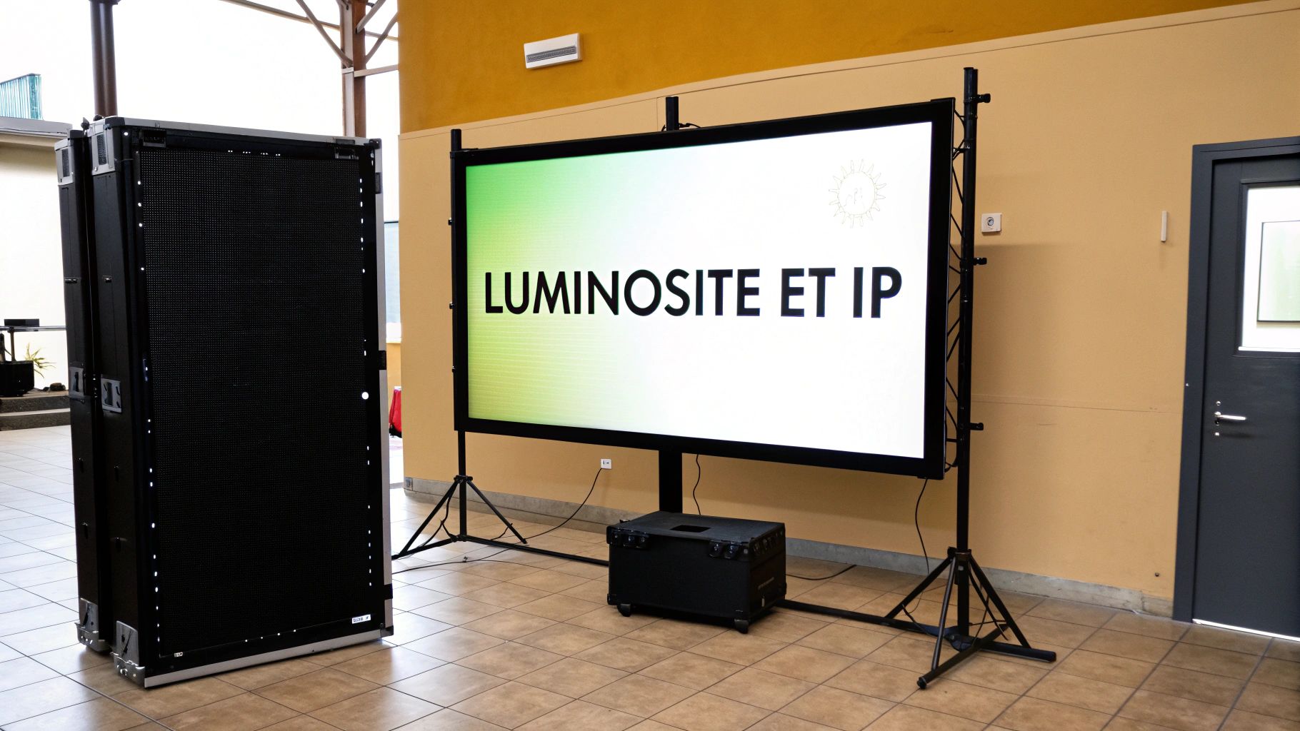 Grand écran LED affichant "LUMINOSITE ET IP" avec un dégradé vert, à côté d'une pile de panneaux LED noirs dans une salle d'événement.