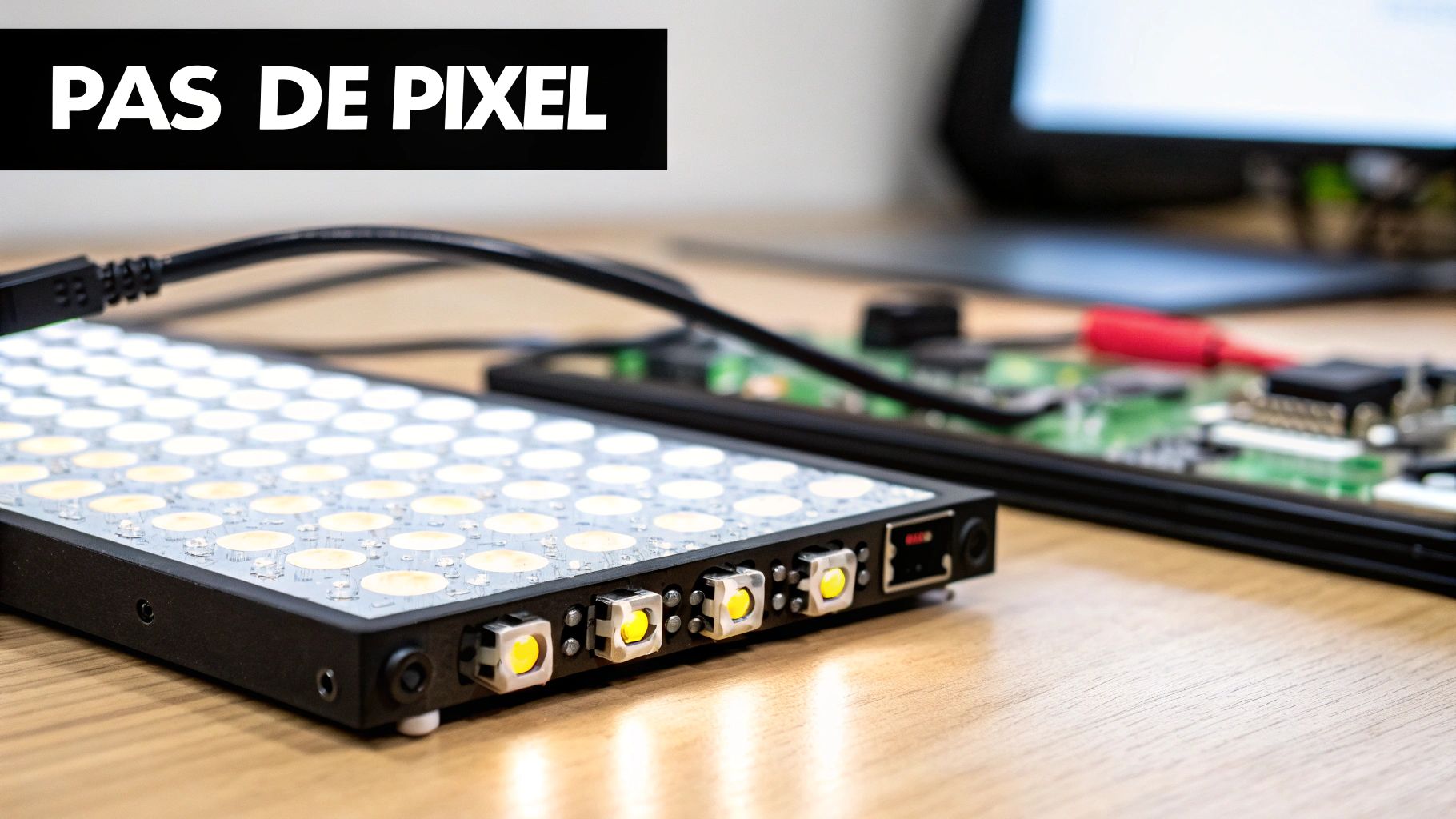 Gros plan sur un panneau LED lumineux connecté par câble, avec des lumières allumées sur une table en bois.