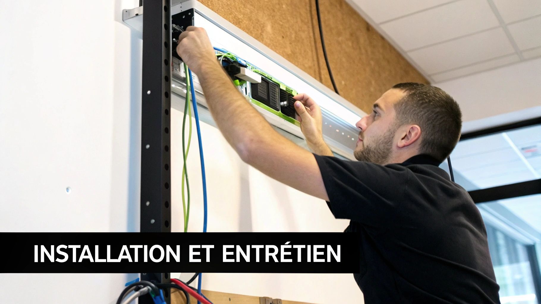Un technicien installe ou entretient le câblage d'un système mural, avec des fils verts et bleus visibles.