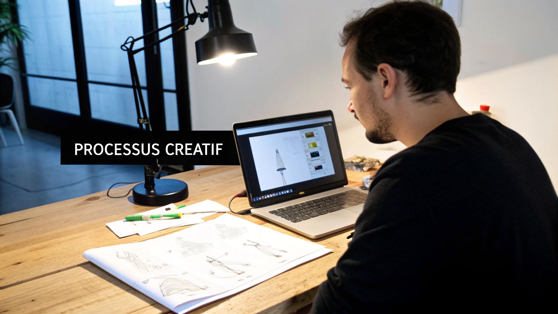 Homme travaillant sur un ordinateur portable, entouré de croquis et de la mention « PROCESSUS CRÉATIF ».