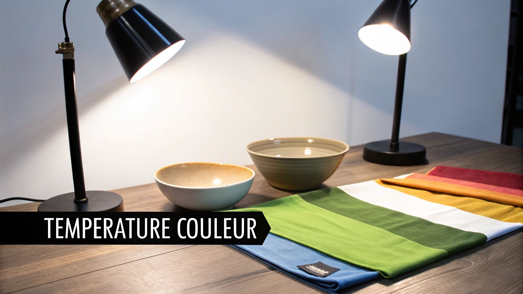 Deux lampes de bureau éclairent des bols et des échantillons de tissu colorés sur une table en bois, illustrant la température de couleur.