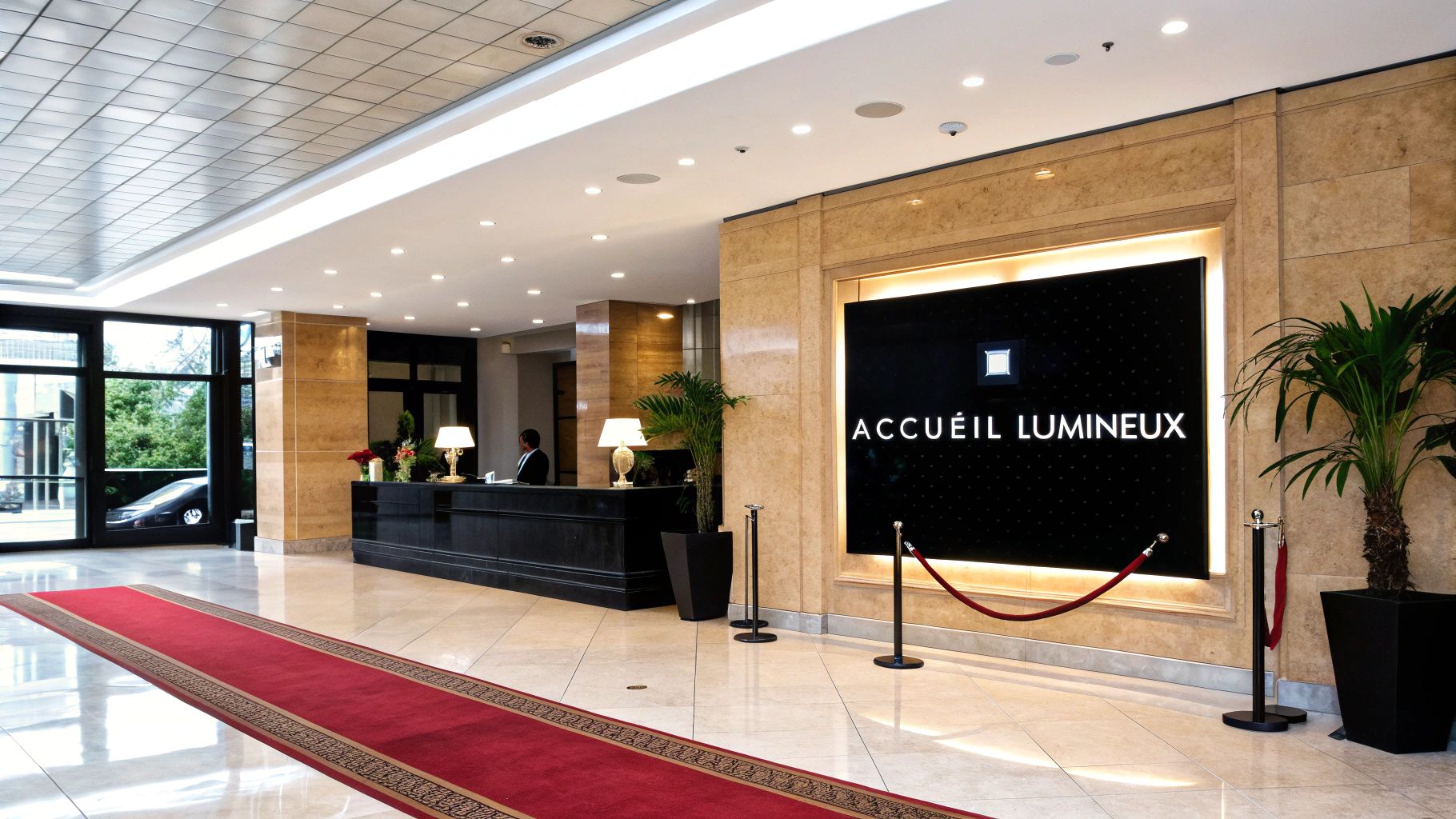 Hall d'hôtel spacieux et moderne avec un comptoir de réception, un grand écran lumineux et un long tapis rouge.