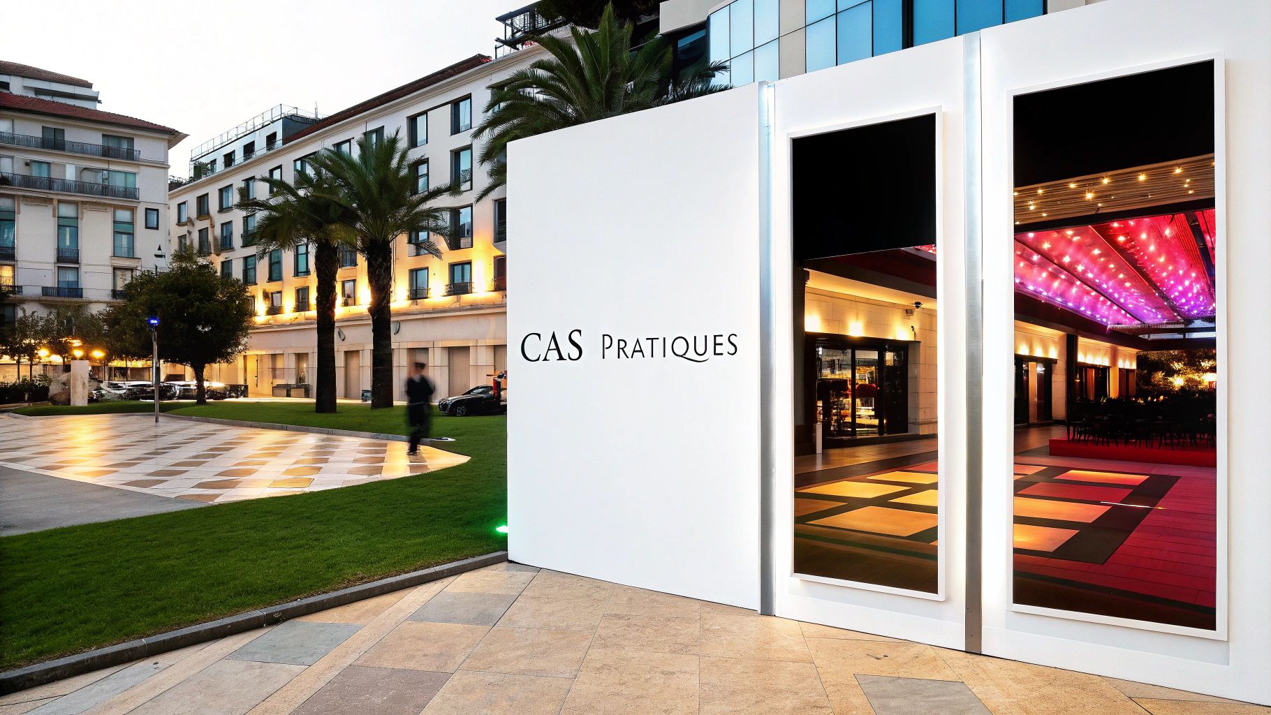 Vue d'une allée moderne au crépuscule, avec un panneau "CAS PRATIQUES", des reflets lumineux et des palmiers.