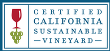 Certified California Sustainable Vineyard logo featuring a red wine glass and green grape cluster.