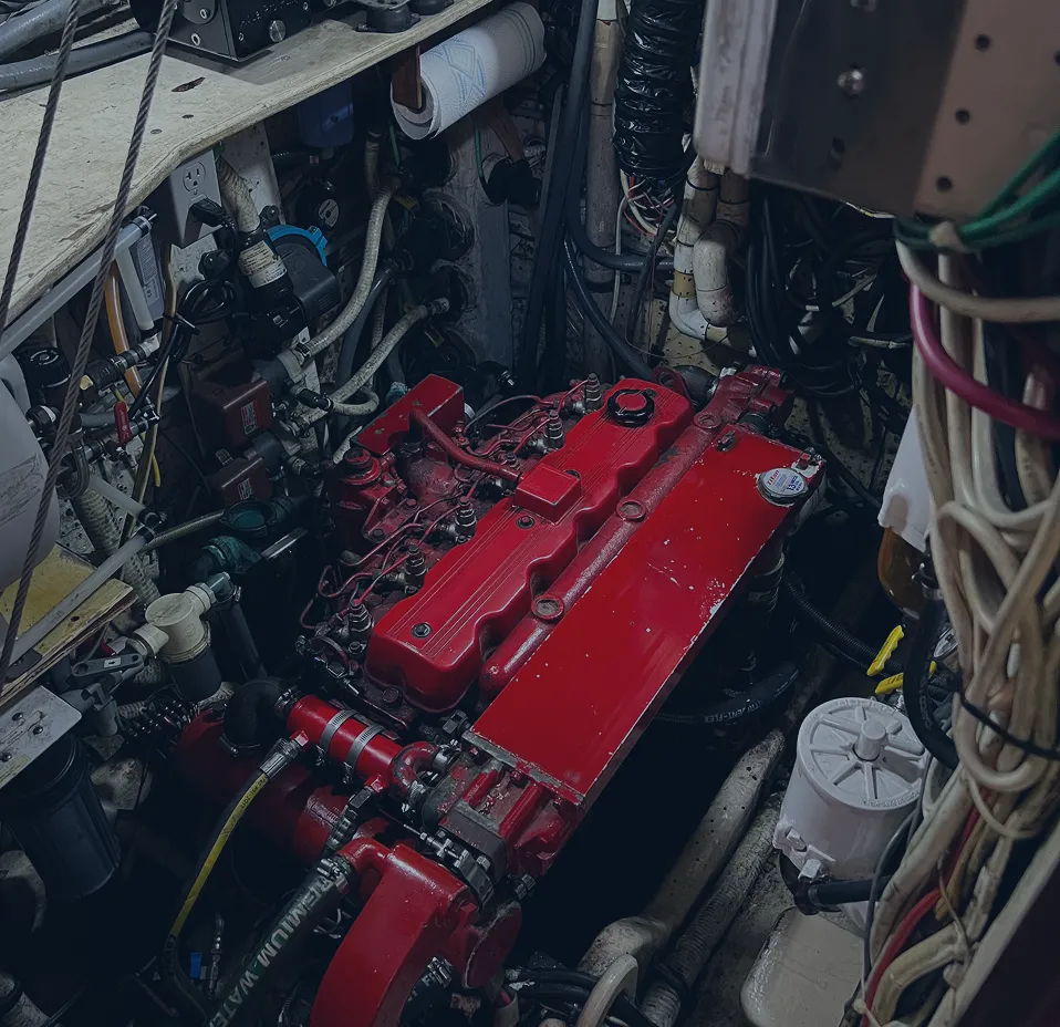Red marine diesel engine inside a boat's engine room