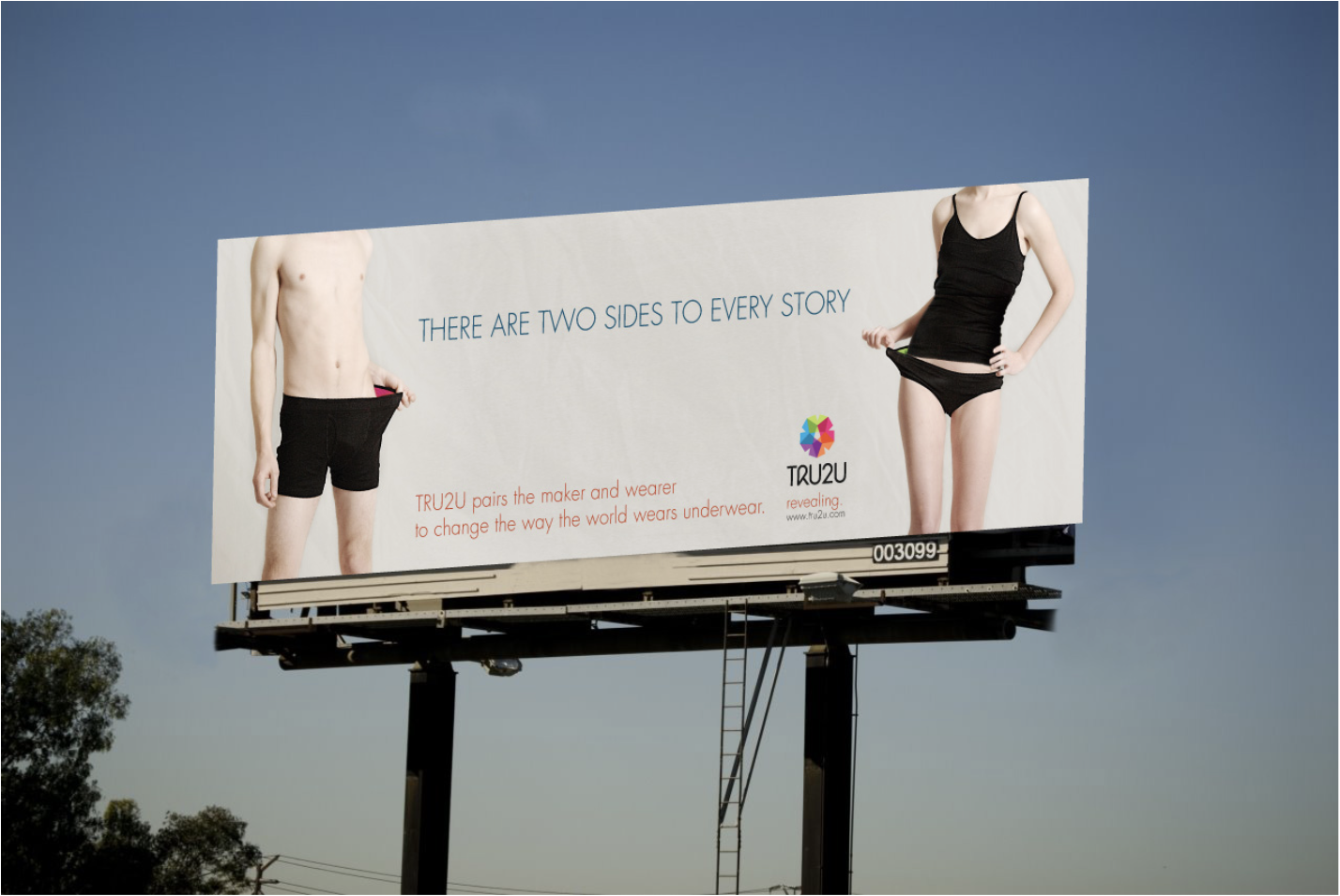 Billboard of a man and woman with underwear and the writing says "There are two sides to every story"