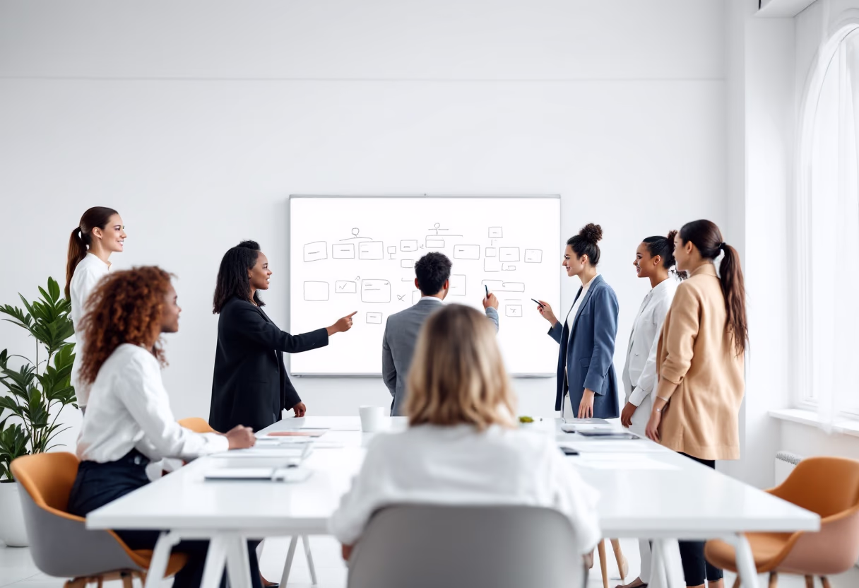 image of a team brainstorming around a digital whiteboard