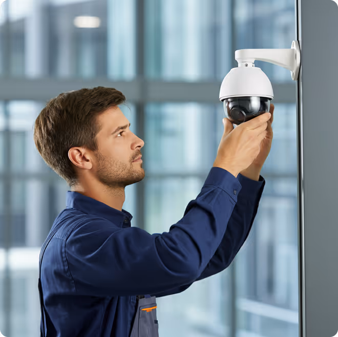 person installing a security camera